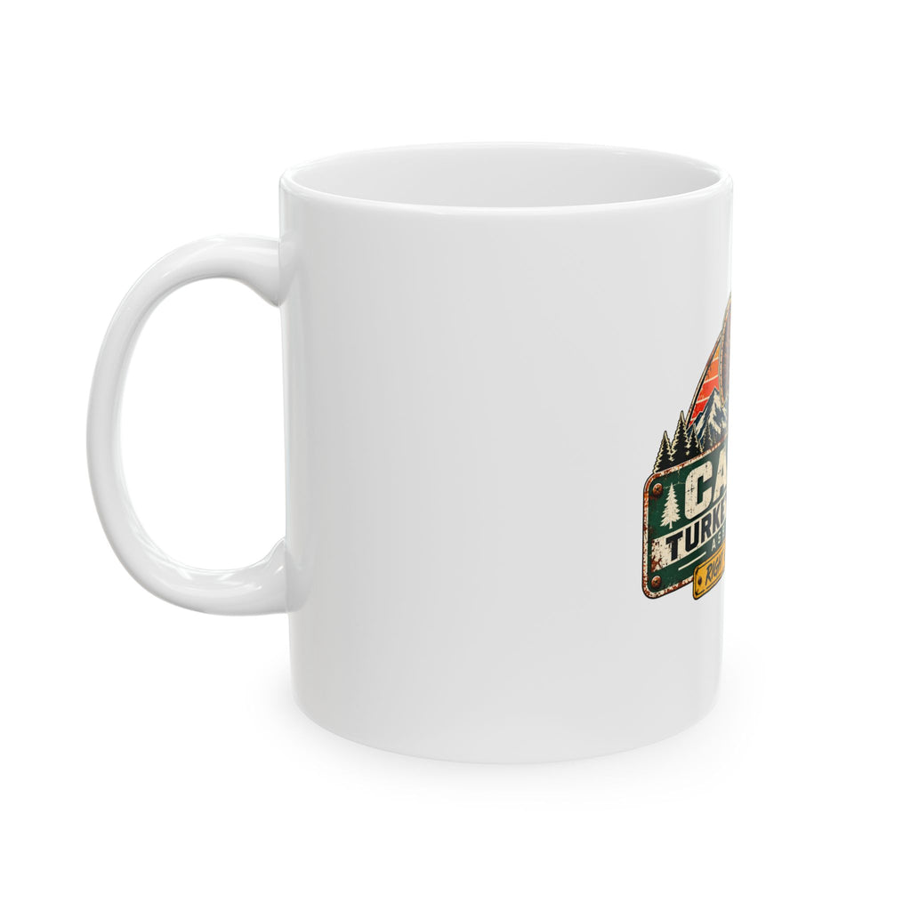 Casper Turkey Crossing Mug — Retro Wildlife Coffee Cup ("Right of Way: Always")