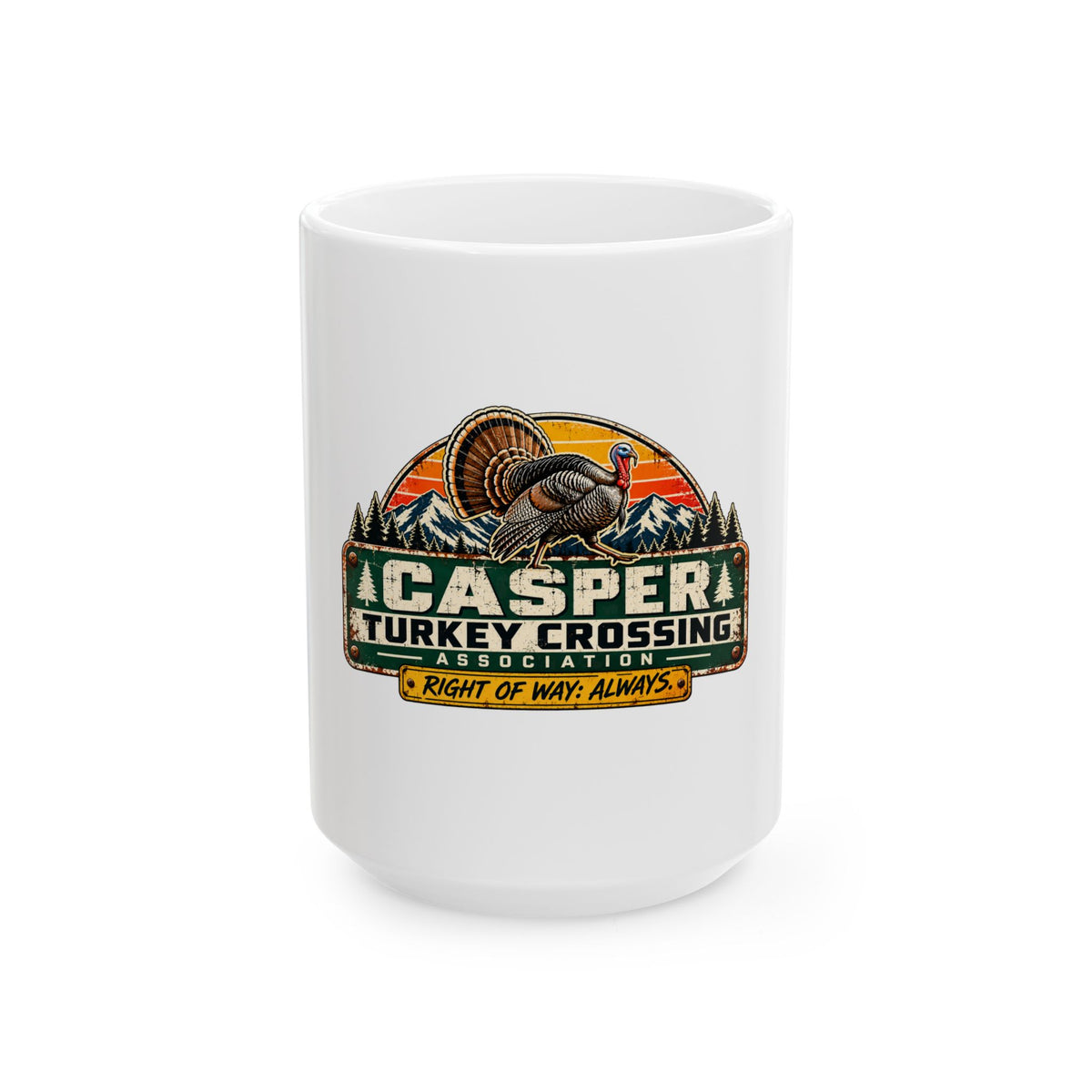 Casper Turkey Crossing Mug — Retro Wildlife Coffee Cup ("Right of Way: Always")