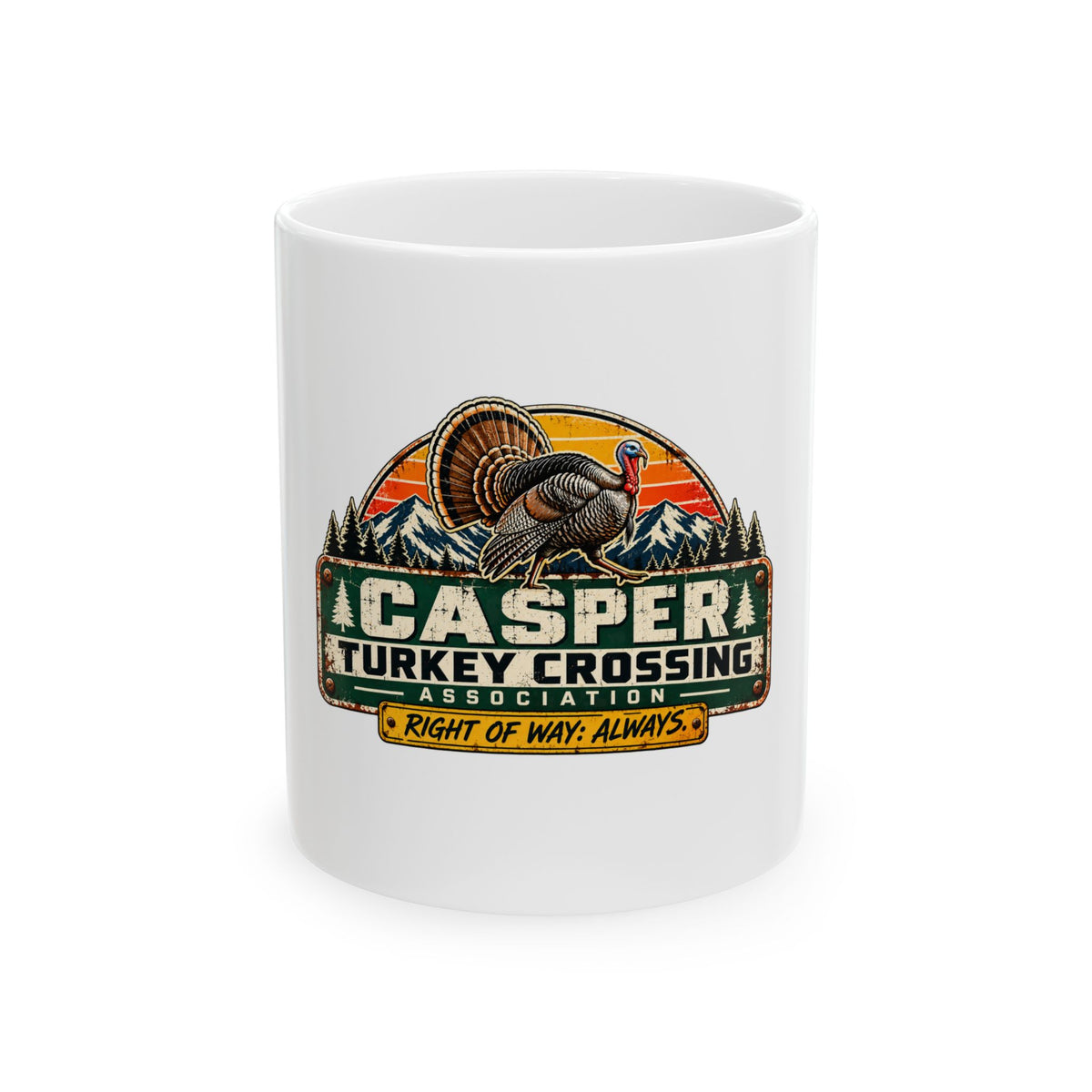 Casper Turkey Crossing Mug — Retro Wildlife Coffee Cup ("Right of Way: Always")